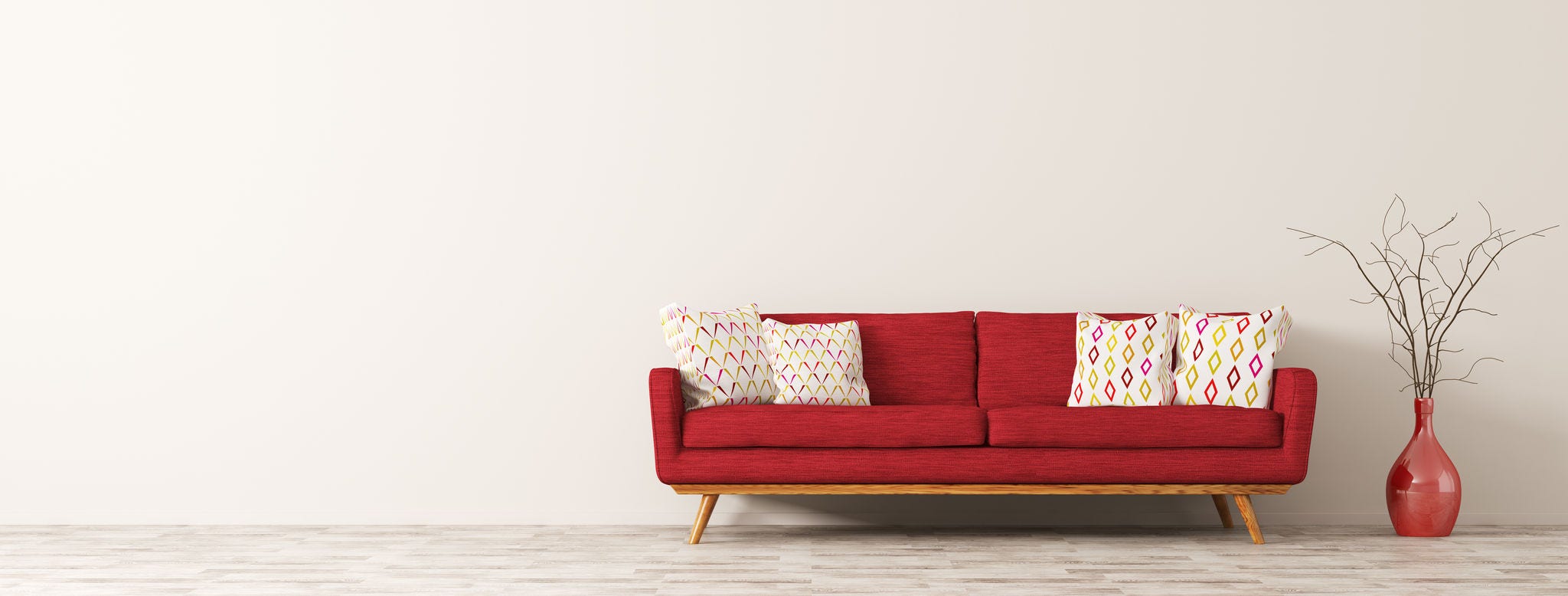 Interior moderno da sala de estar com sofá vermelho