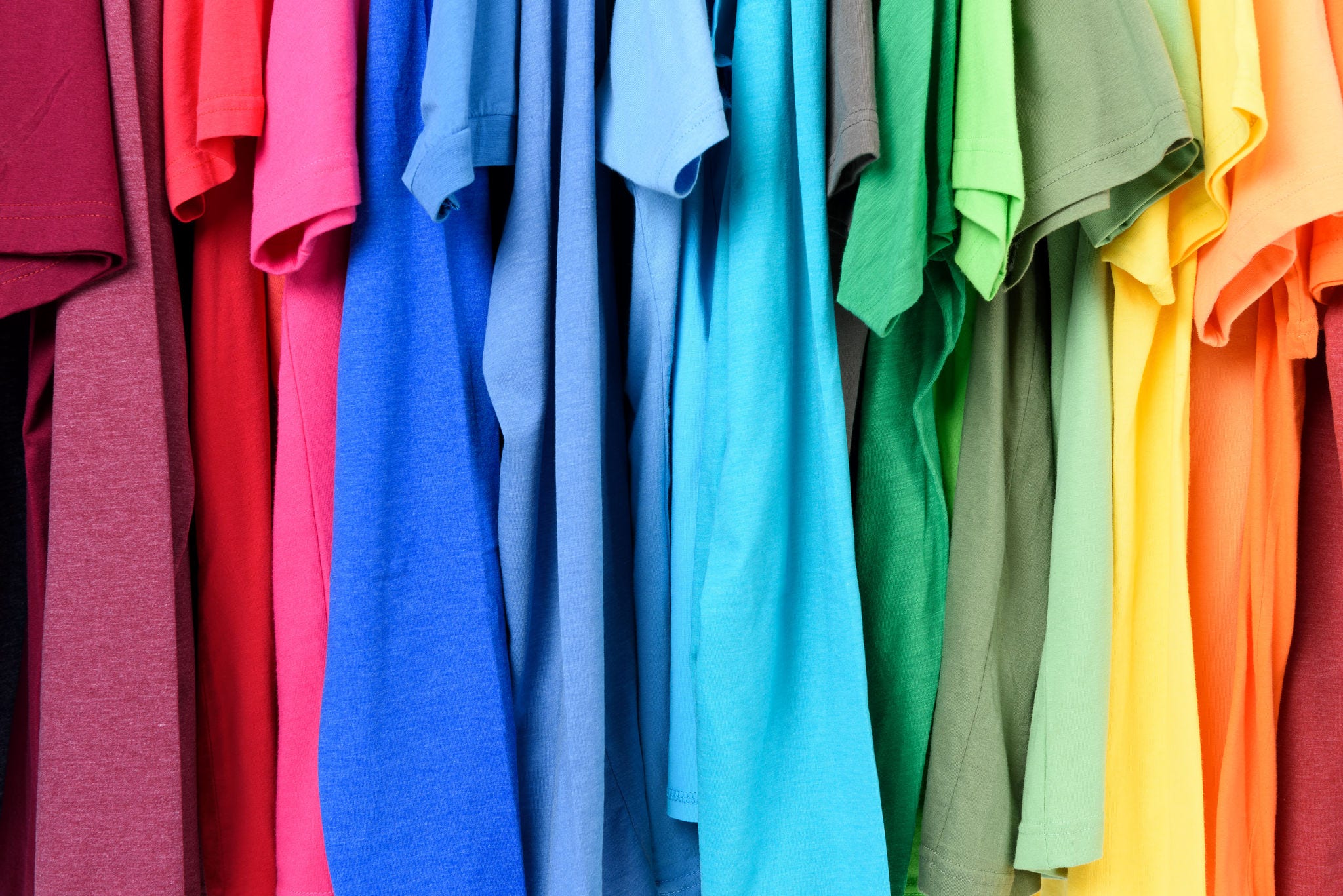 Close up photograph of colorful tshirts