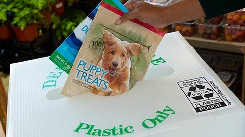 Puppy snacks bag being recycled
